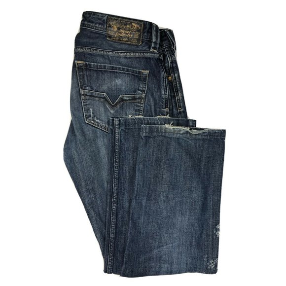 Diesel Industry Larkee Mens 34x29 Hemmed Blue Denim Jeans Straight Button Fly - Picture 2 of 10